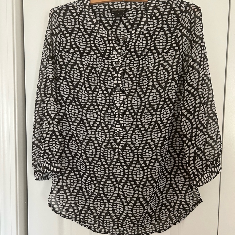 Lucky Brand Top Womens Sm Black‎ white 3/4 Sleeve Round Neck professional work